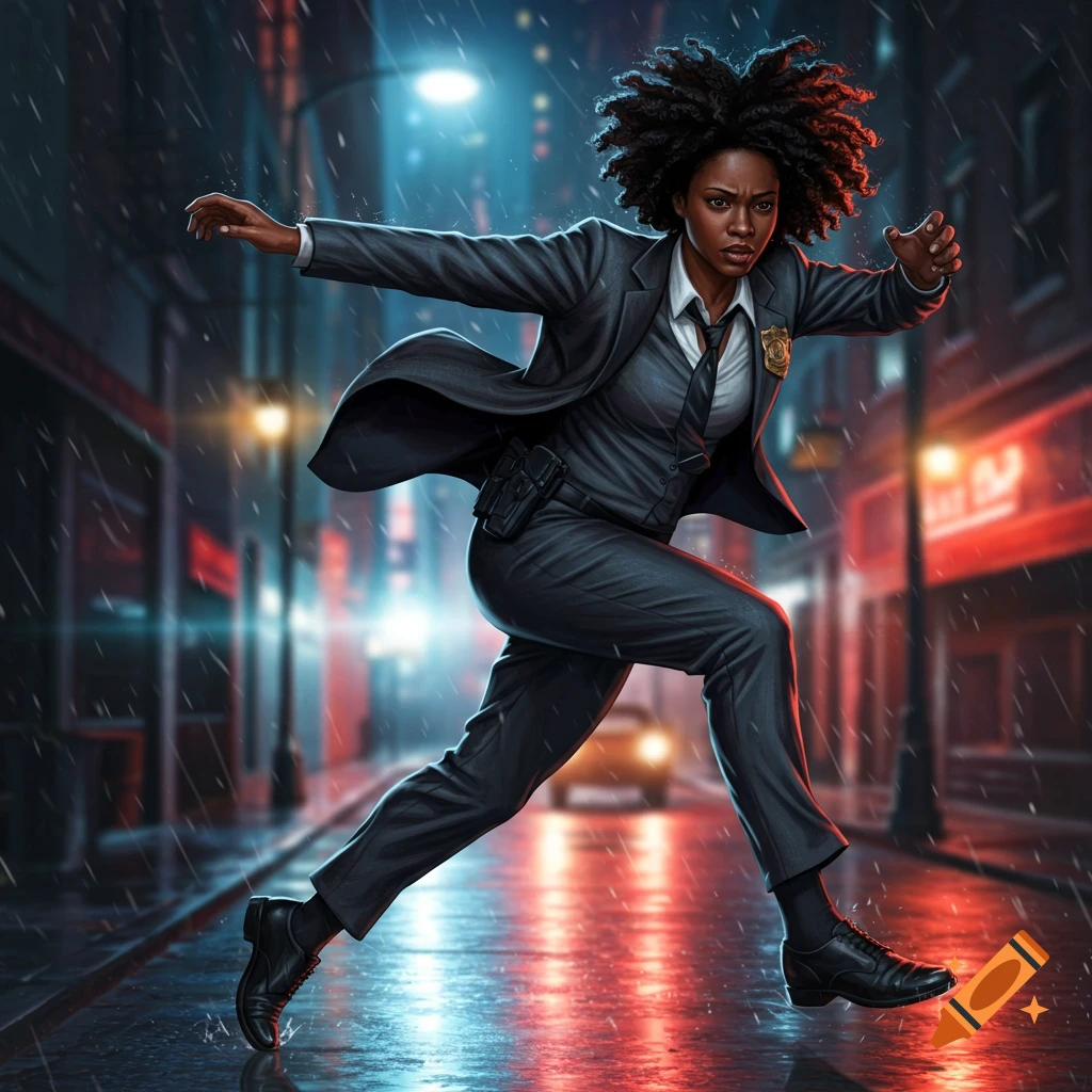 A determined Black female detective in a suit runs through a rainy city street at night, illuminated by neon lights.
