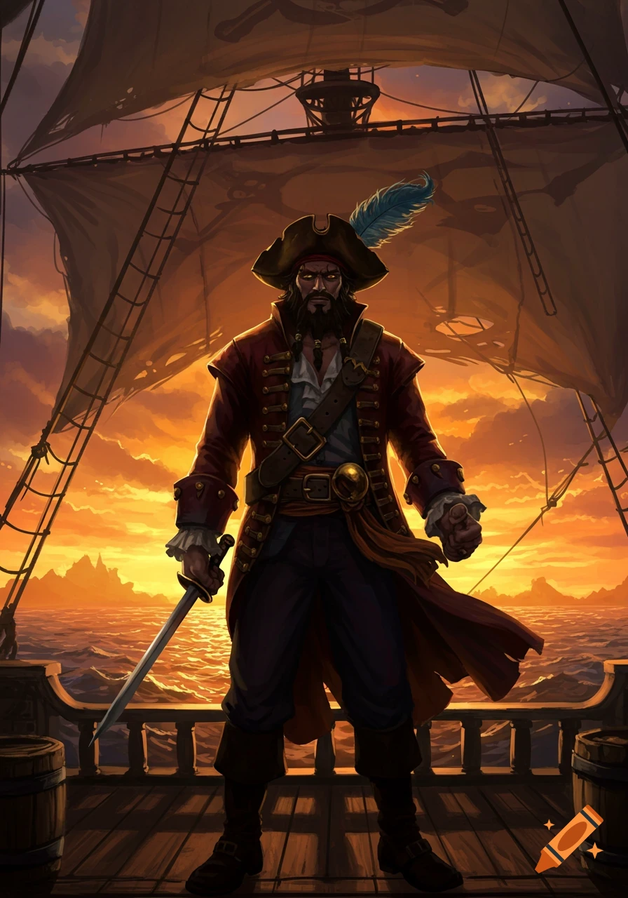 A bearded pirate in a red coat and tricorn hat stands on a ship's deck, holding a sword at sunset in a digital art style.