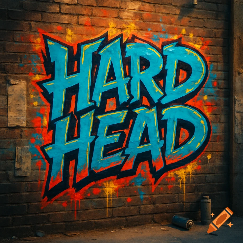 Blue and yellow graffiti art spelling "HARD HEAD" on a red brick wall, with spray paint cans on the ground.