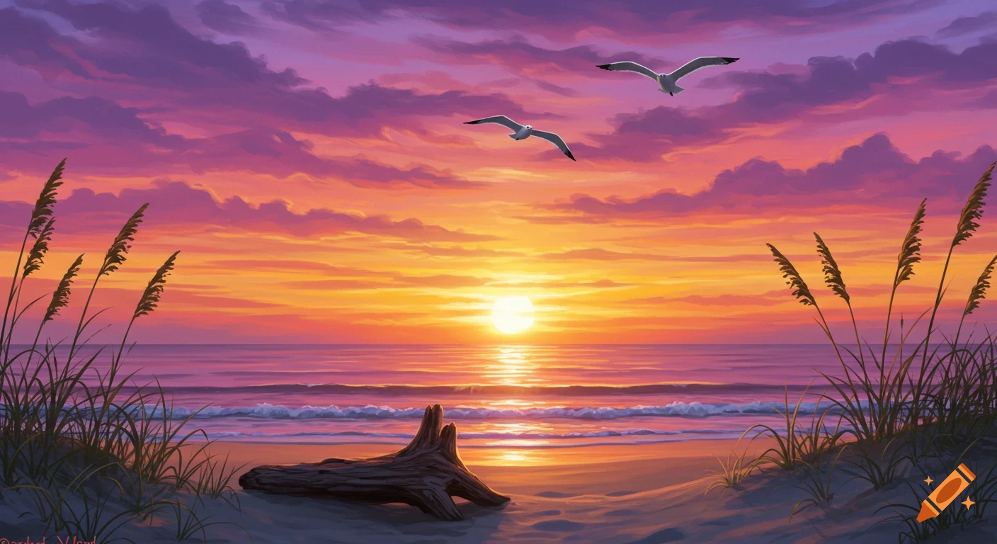 Vibrant painting of a beach sunset, showing the ocean, two flying gulls, beach grass, and driftwood on the sand.