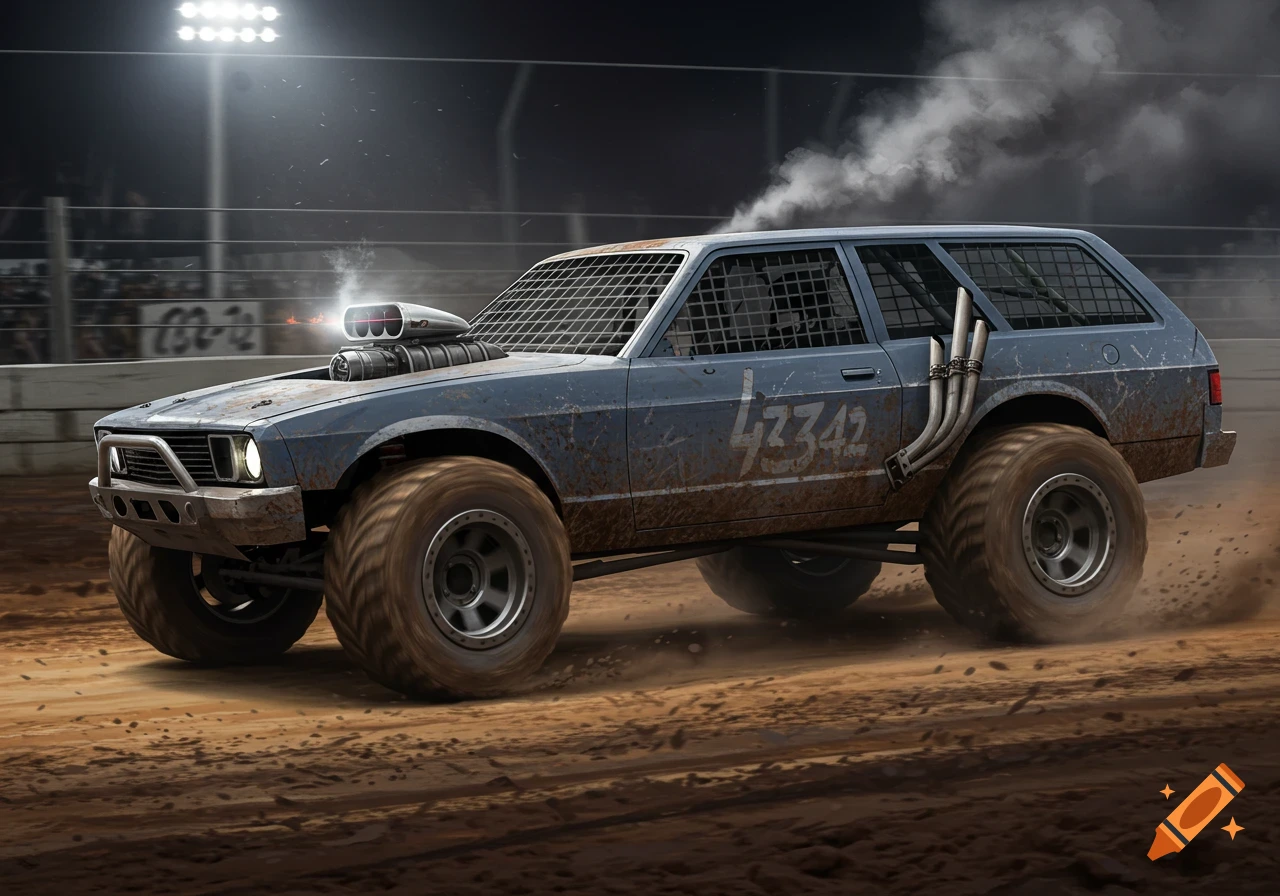 A muddy, blue demolition derby station wagon with large off-road tires and external exhaust pipes races on a dirt track under bright stadium lights.