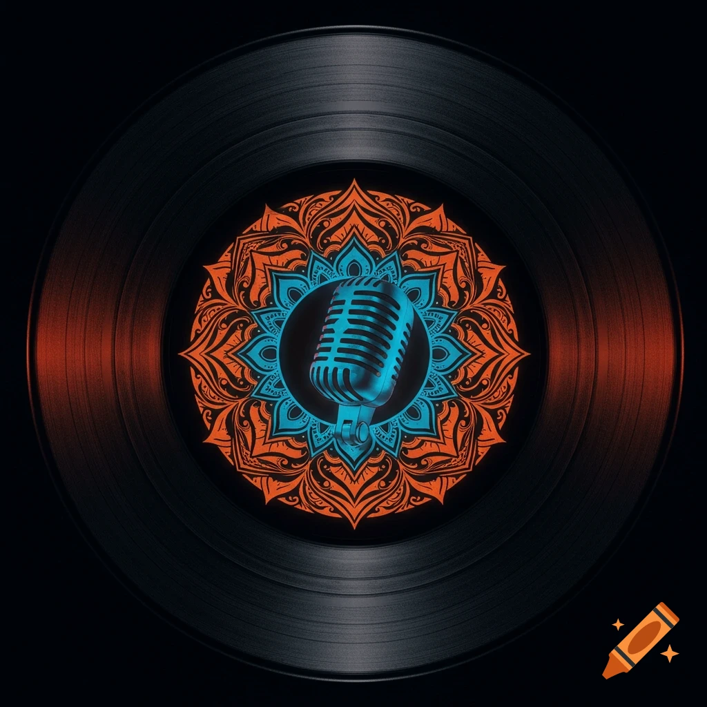 A black vinyl record featuring an orange and blue mandala design with a vintage microphone in the center.