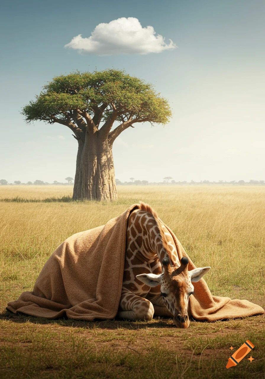 A sad giraffe wrapped in a brown blanket, lying on grassy ground in a savanna with a large baobab tree and a single cloud in the sky.