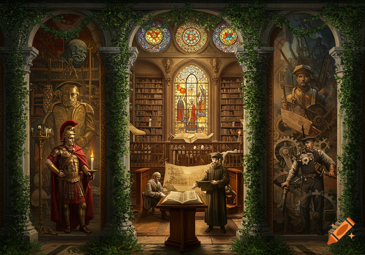 An ornate hall with three archways. Left: a Roman soldier and gilded statue. Center: a library with scholars and stained glass. Right: a steampunk-style figure.