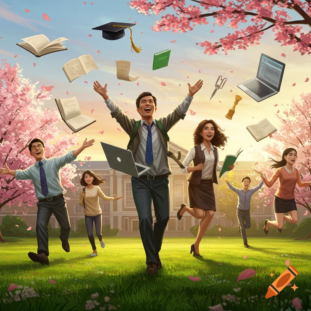 Group of diverse students and faculty celebrating graduation with raised arms in a park, surrounded by floating academic items and cherry blossoms.
