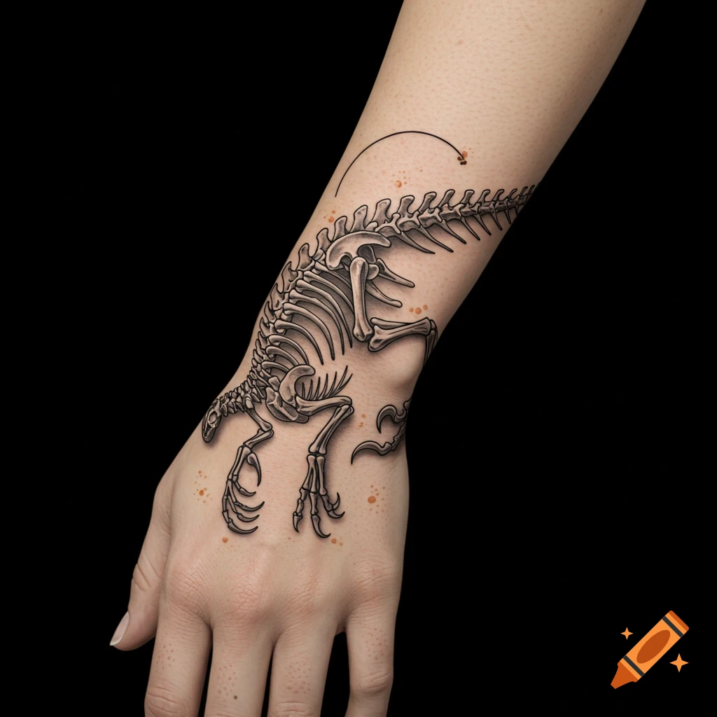 A detailed black and gray raptor skeleton tattoo with subtle orange accents on a person's wrist.