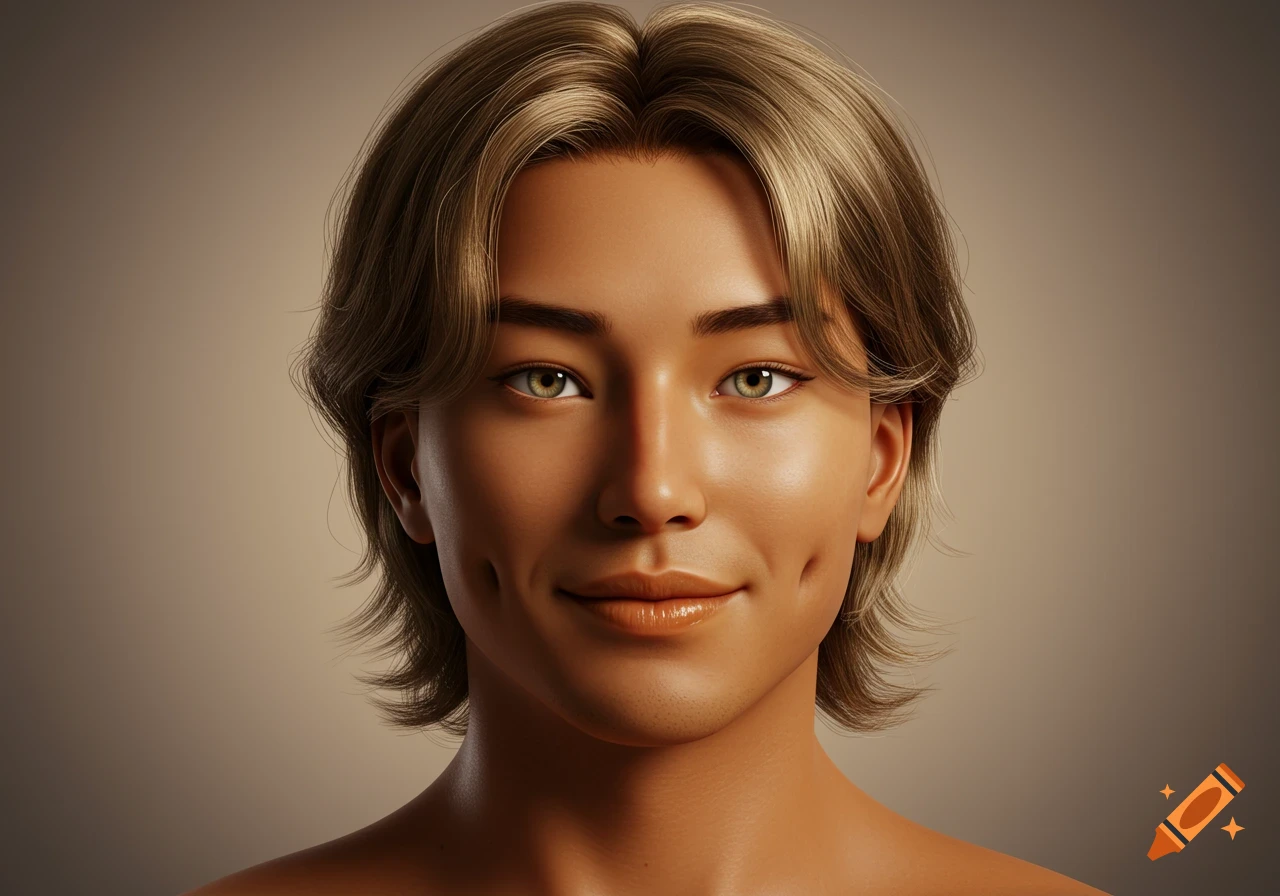 A photorealistic portrait of a young man with blonde hair, bronze skin, and light brown eyes, smiling slightly.