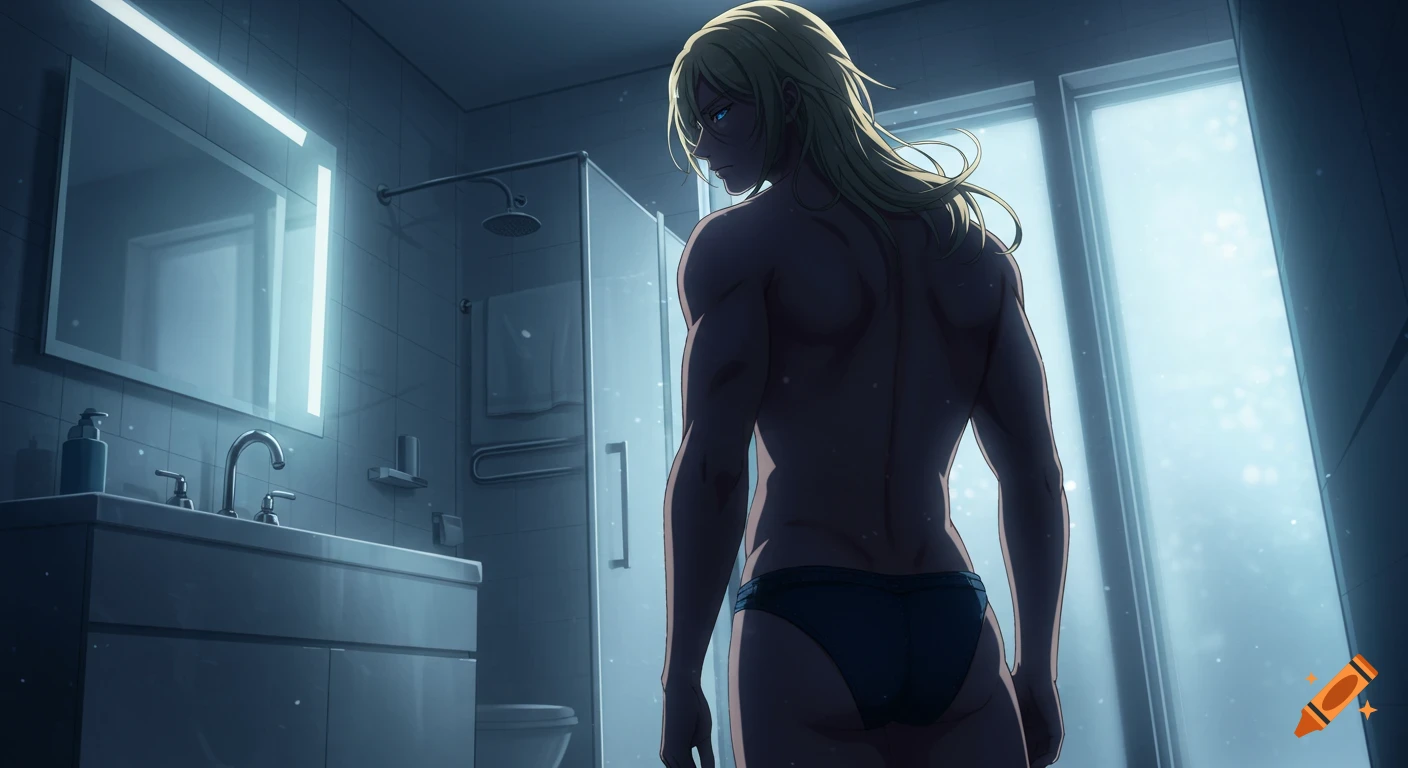 An anime-style blond man with a muscular back, wearing black briefs, stands in a modern bathroom looking towards a window.