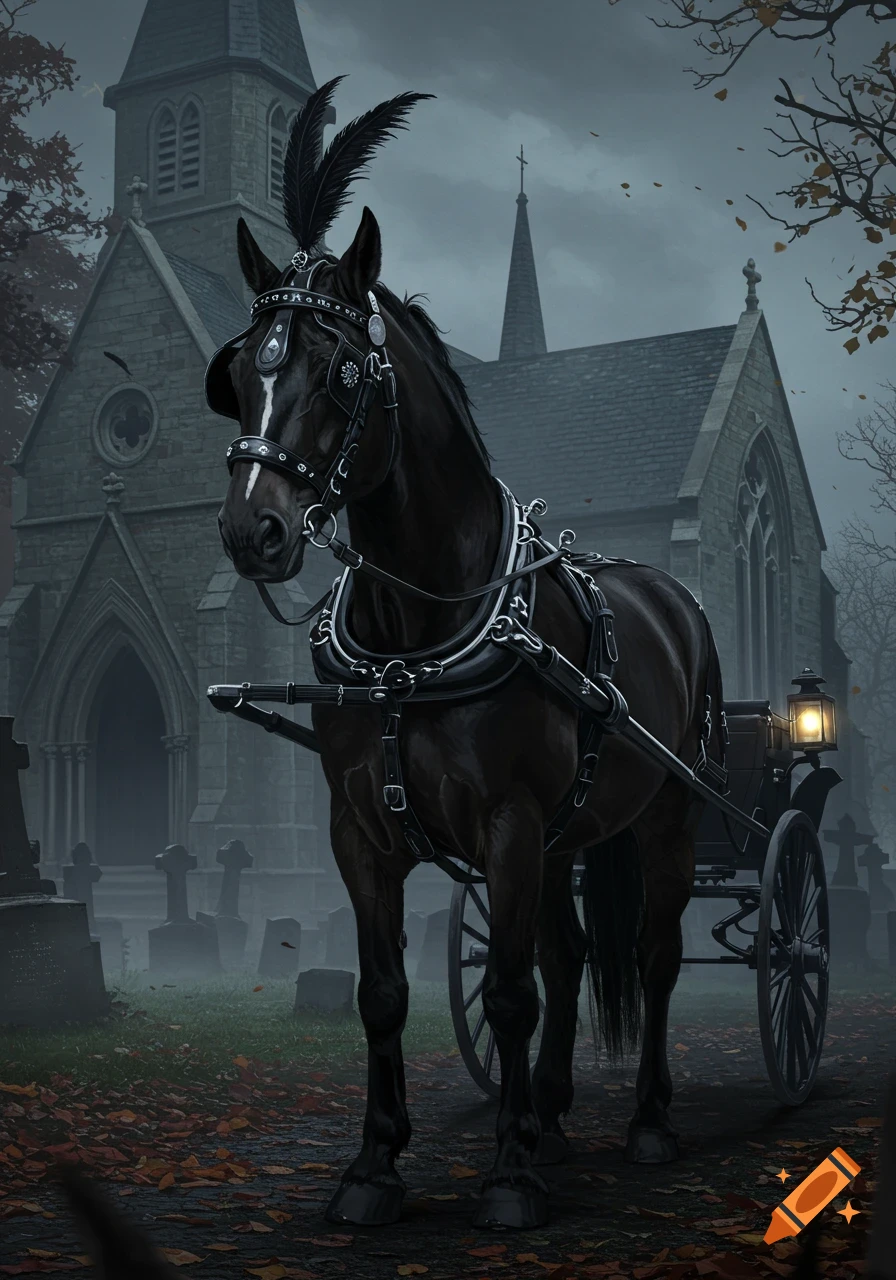 A black horse in funeral regalia pulls a carriage in a misty gothic graveyard with an old church in the background.