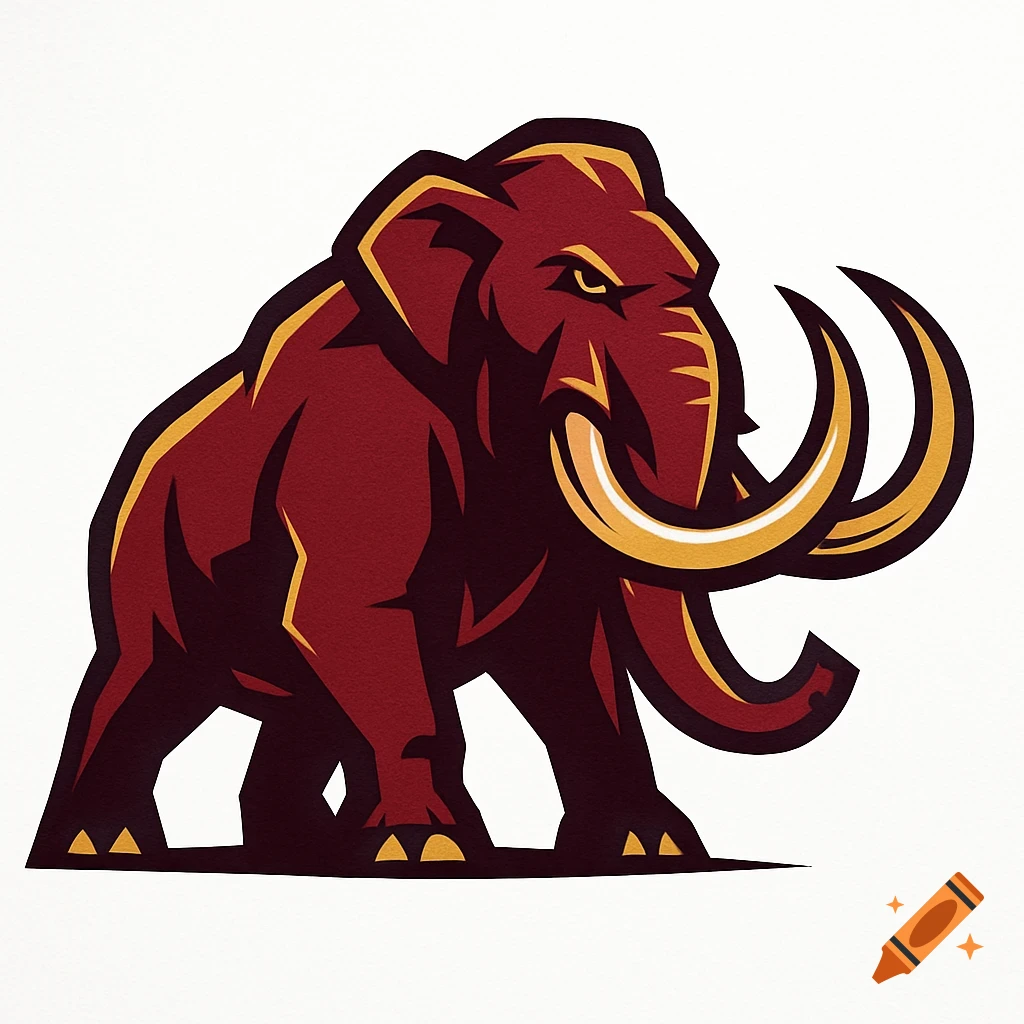 A maroon and gold stylized mammoth sports logo with large tusks on a white background.