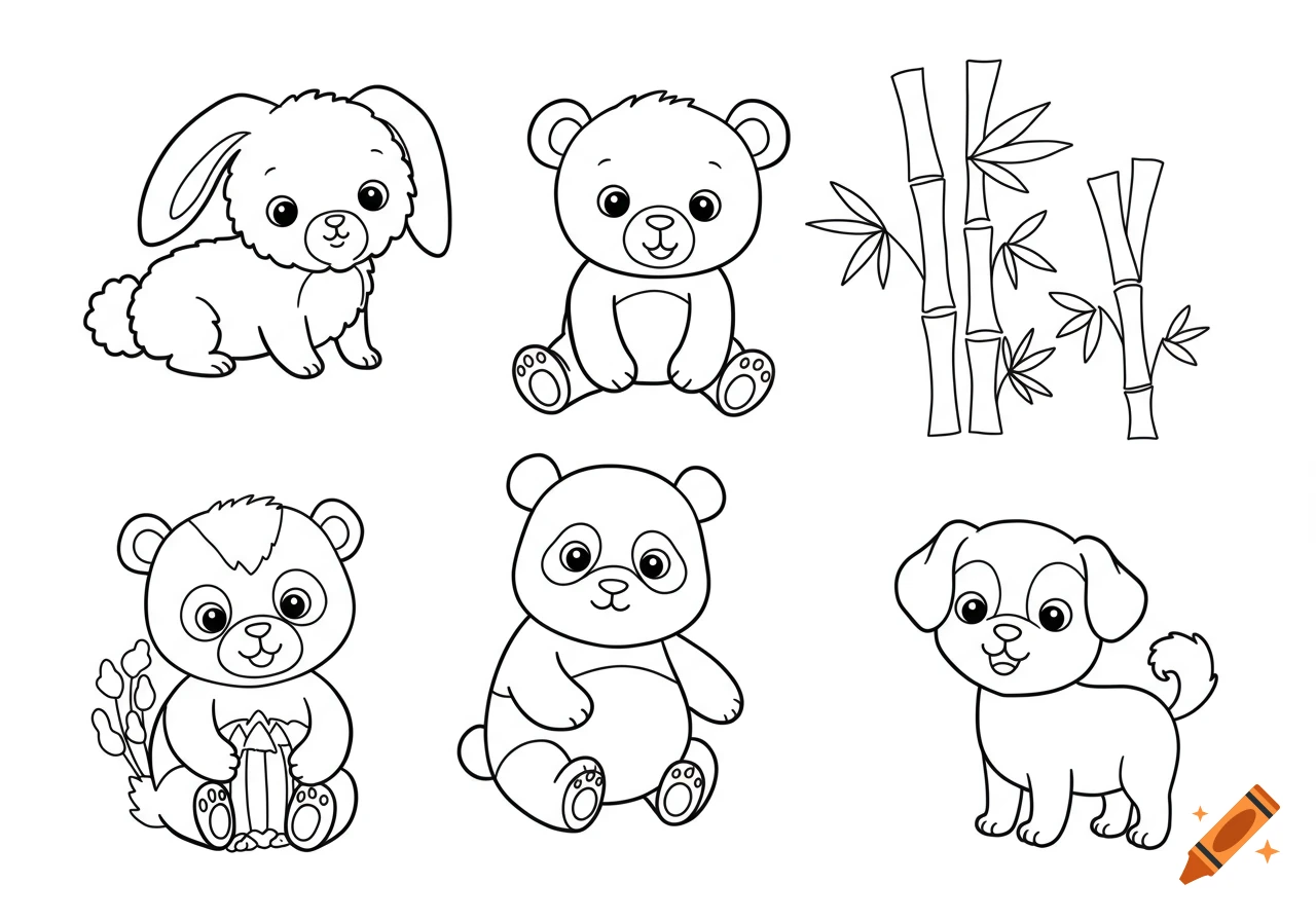 Black and white line art coloring page featuring a bunny, two bears, a panda, a dog, and bamboo stalks.