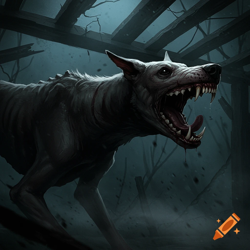 A snarling, emaciated horror dog with sharp teeth in a dark, shadowy, decaying environment.