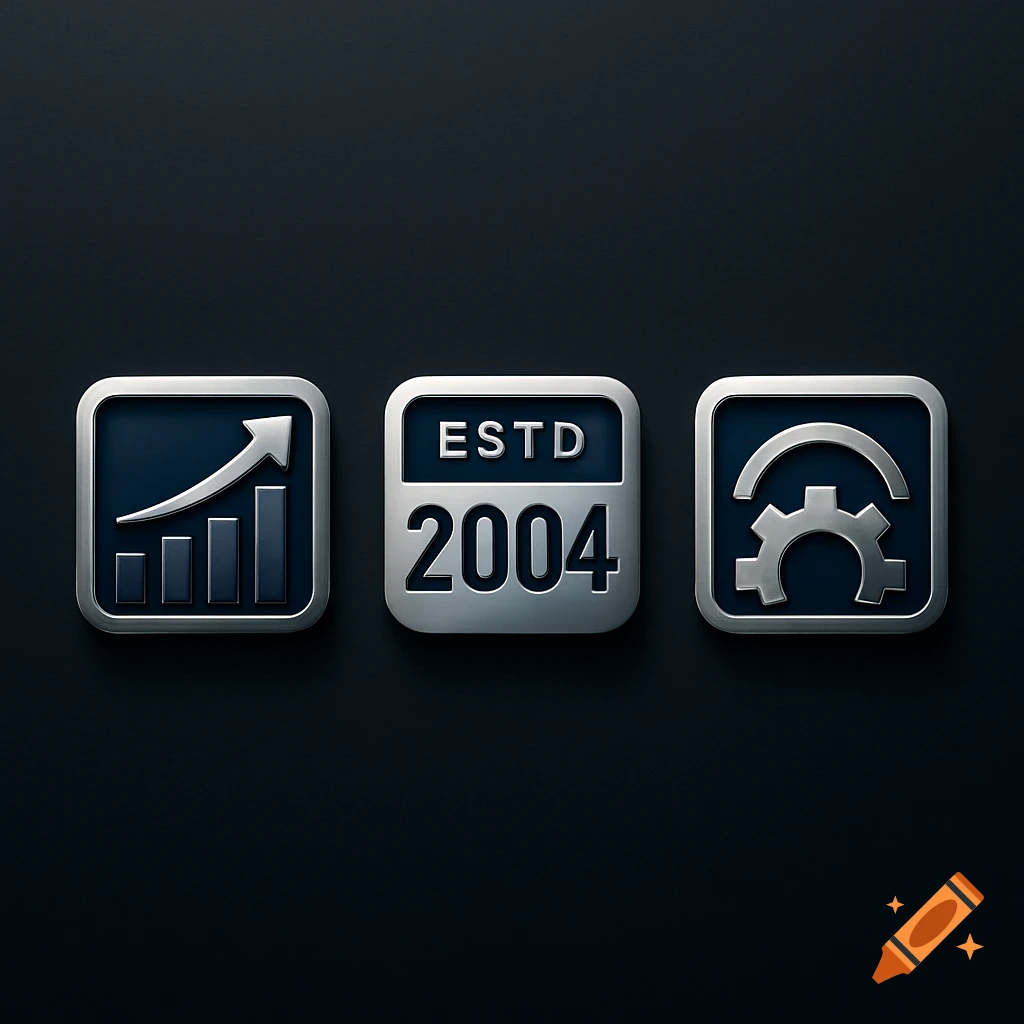 Three metallic square icons: a growth chart, 'ESTD 2004' for establishment year, and a gear for industry.