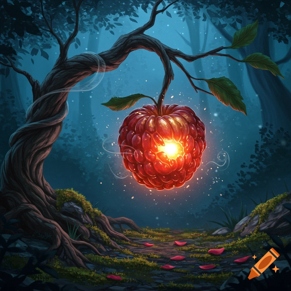 A glowing red, raspberry-like fruit hangs from a gnarled tree branch in a dark, mystical forest with falling petals.