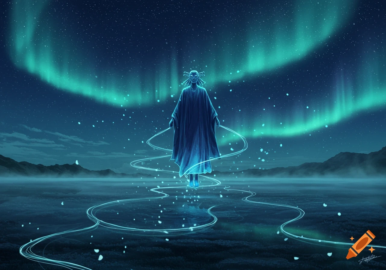 A cloaked, masked figure floats over a misty landscape with glowing paths under a vibrant aurora, digital art.