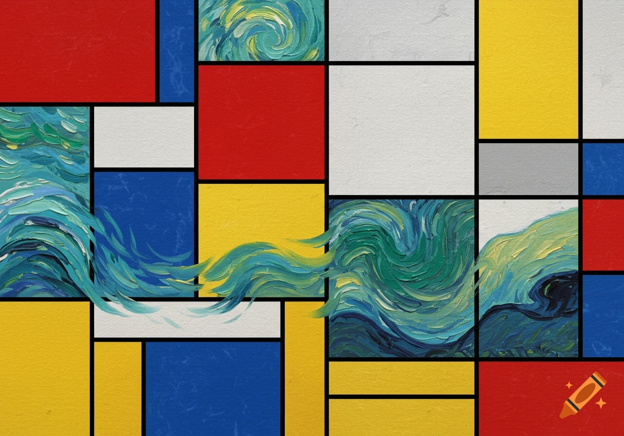 An abstract painting blending Mondrian's geometric blocks of primary colors and neutrals with Van Gogh's swirling, textured brushstrokes depicting waves.