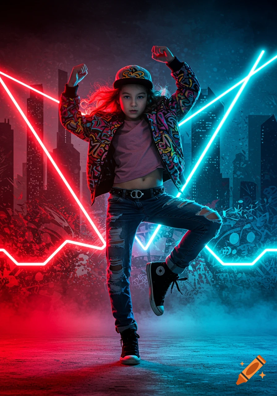 Young girl in hip hop clothes, including ripped jeans and a cap, poses against a neon-lit urban backdrop with red and blue lights.