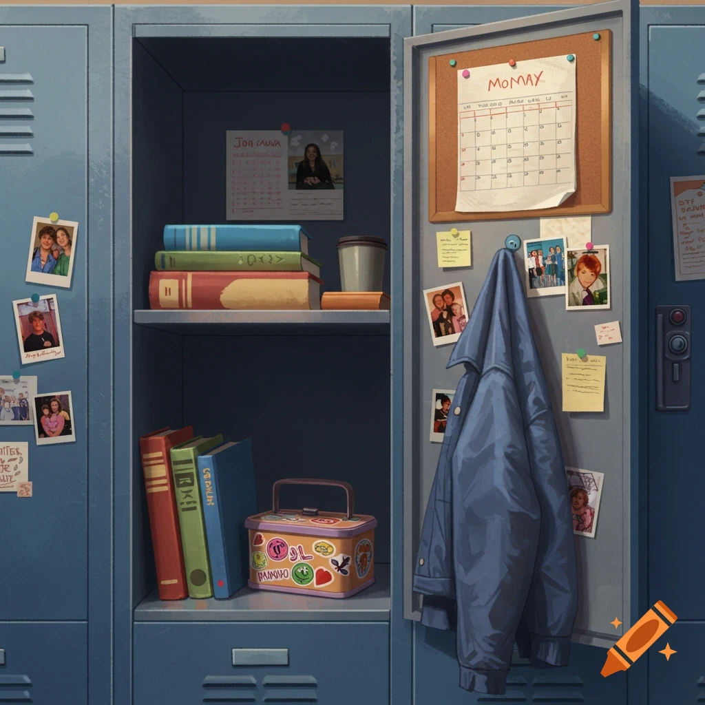 An open blue school locker with a shelf, filled with books, a cup, a sticker-covered lunchbox, and a calendar. The locker door has a corkboard with photos, sticky notes, a calendar, and a blue jacket hanging.