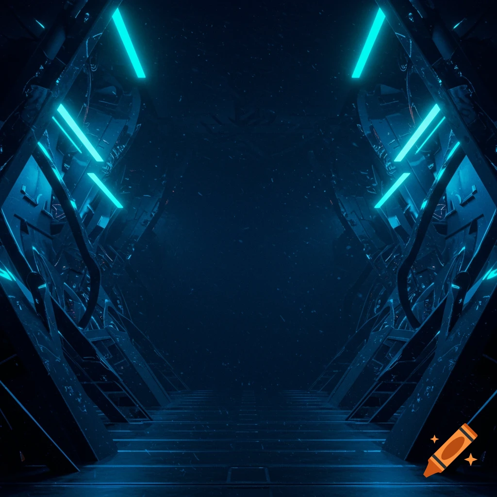 A dark, futuristic hexagonal corridor with glowing blue neon lights and intricate mechanical details, in a sharp computer graphic style.