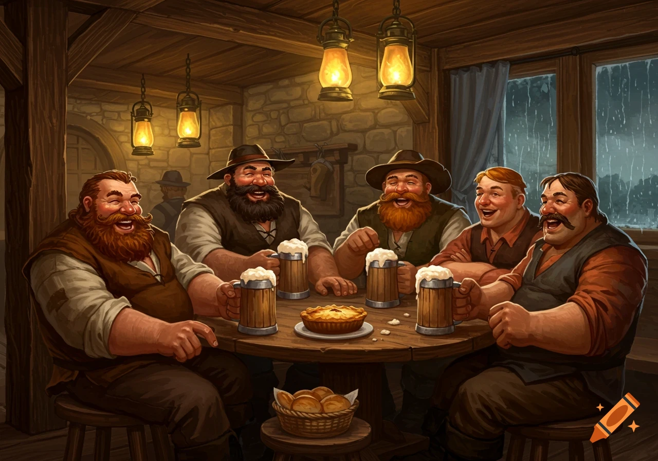 An illustration of five jolly, bearded men laughing and drinking beer in a cozy, dimly lit tavern with a pie and bread on the table.