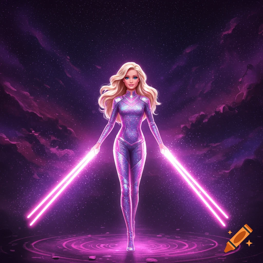 Barbie in a sparkling purple suit stands in a starry void, holding two bright pink light batons.