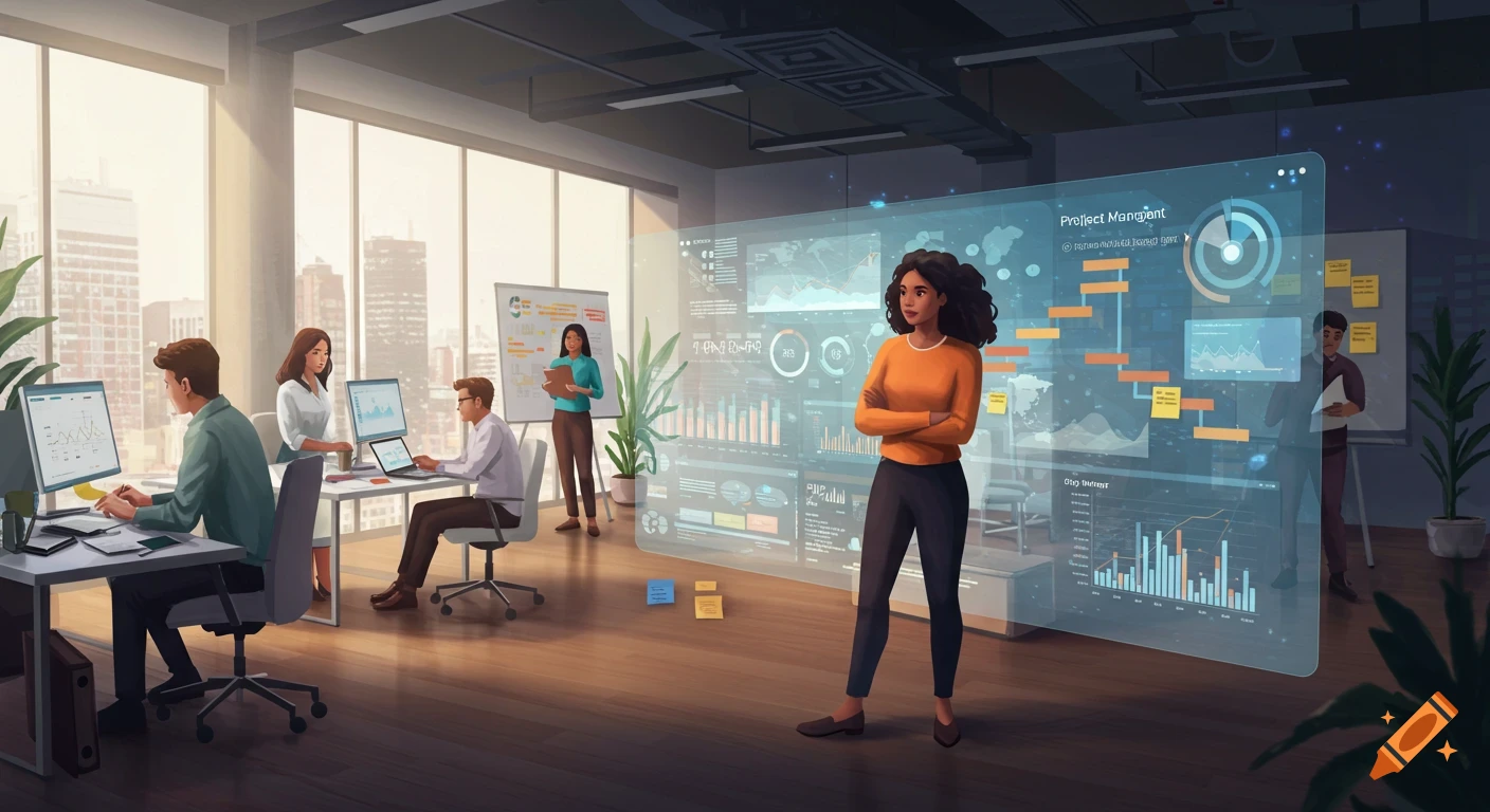 An illustrated modern office scene with diverse professionals working at desks and a large holographic screen displaying project management data and charts.