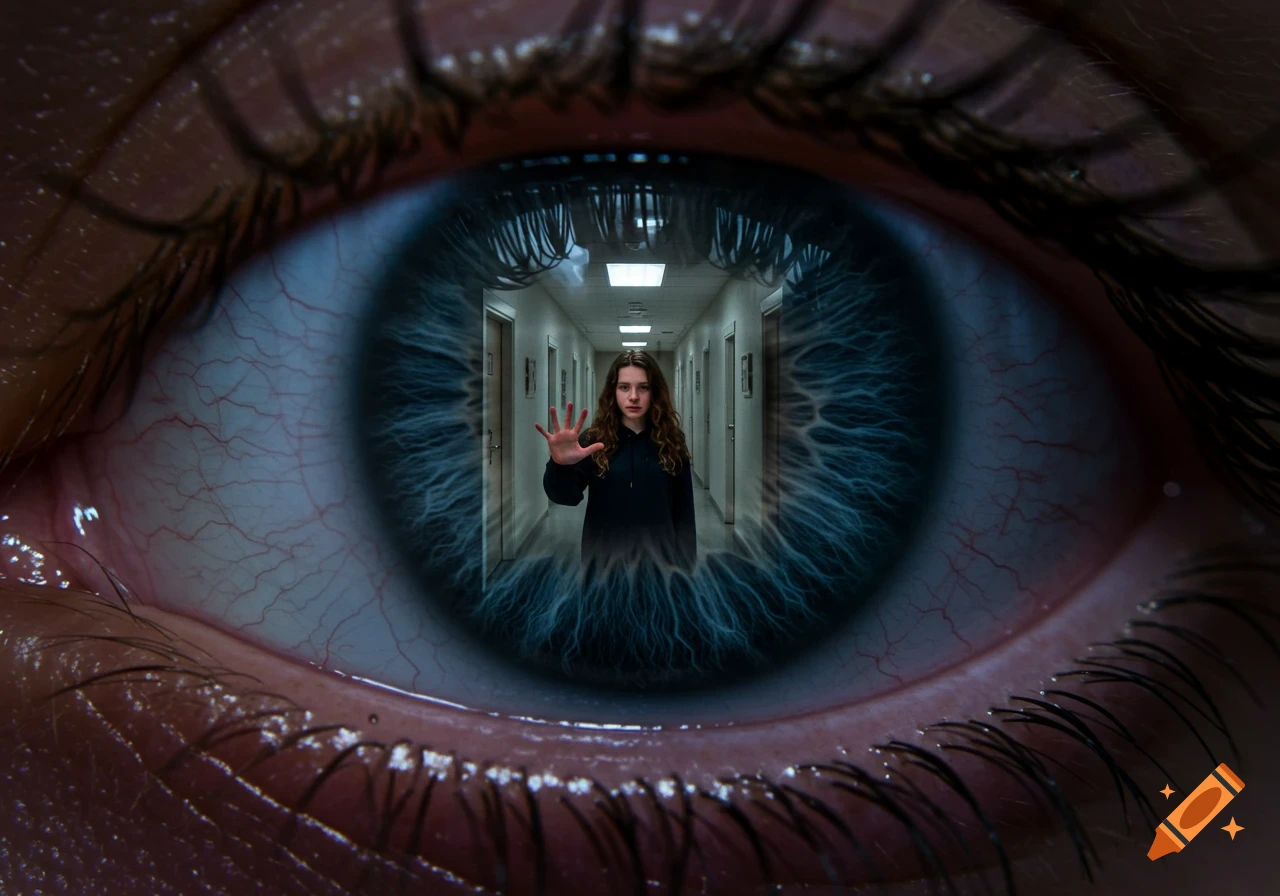 A surreal, photorealistic close-up of an eye, with a girl in a hallway reaching out from the pupil.