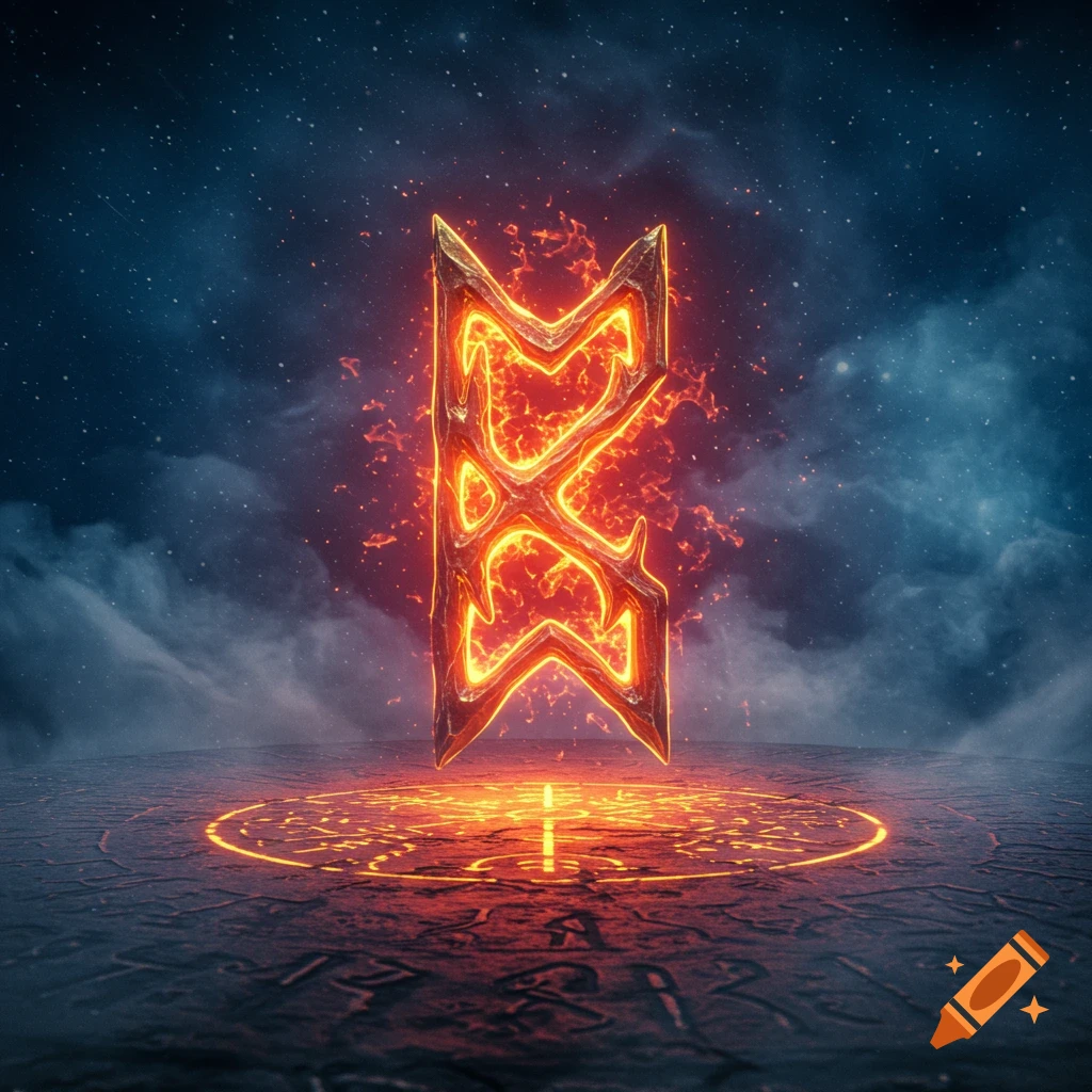 A glowing, fiery, abstract rune symbol stands on a stone platform etched with smaller glowing runes, under a dark, star-filled, cloudy night sky. The symbol radiates intense light and heat.