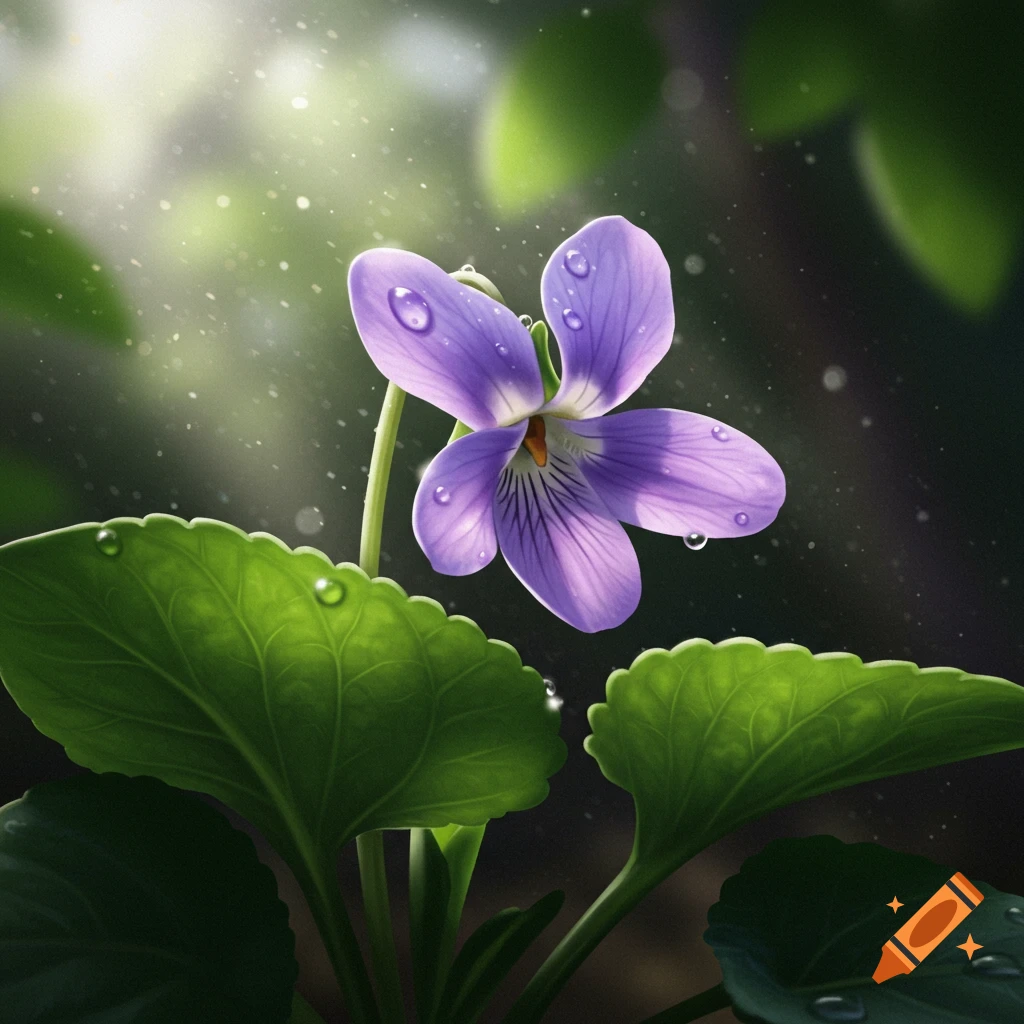 Close-up photorealistic purple violet flower with green leaves, covered in dew drops in soft sunlight.