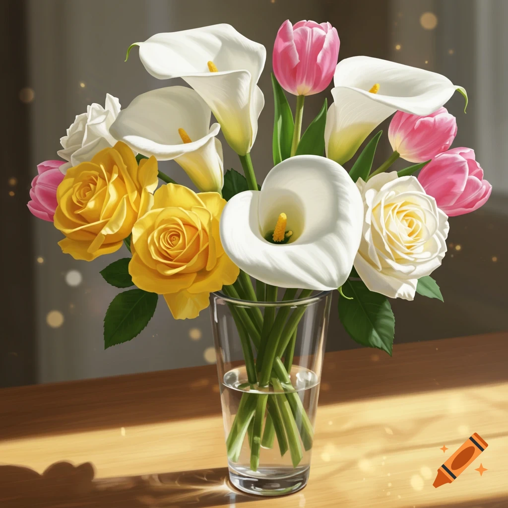Painting of a bouquet with white calla lilies, yellow and white roses, and pink tulips in a glass vase.