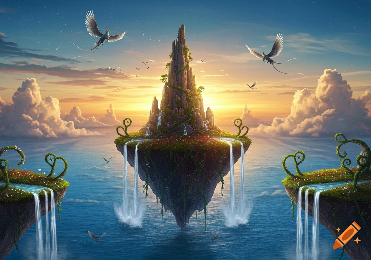 A fantastical landscape with a towering floating island and smaller islands featuring waterfalls, all set against a vibrant sunset sky with birds flying.