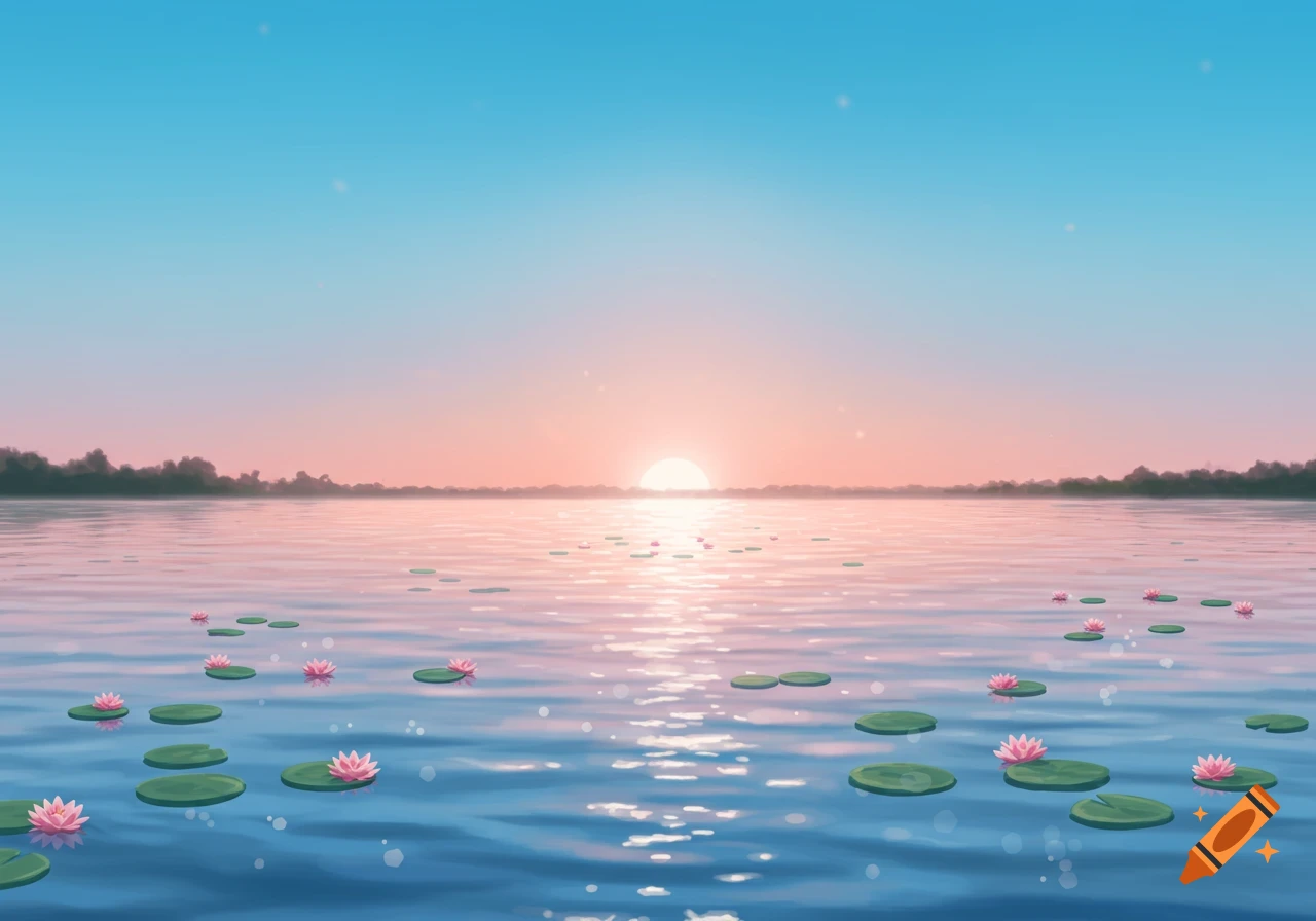 Stylized landscape of a sunset over a body of water with pink water lilies and lily pads.