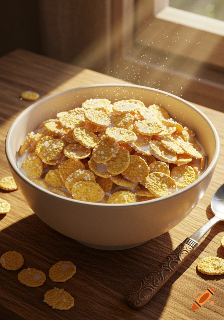 A bowl of frosted cornflakes with milk and sugar, with a decorative spoon on a sunlit wooden table.