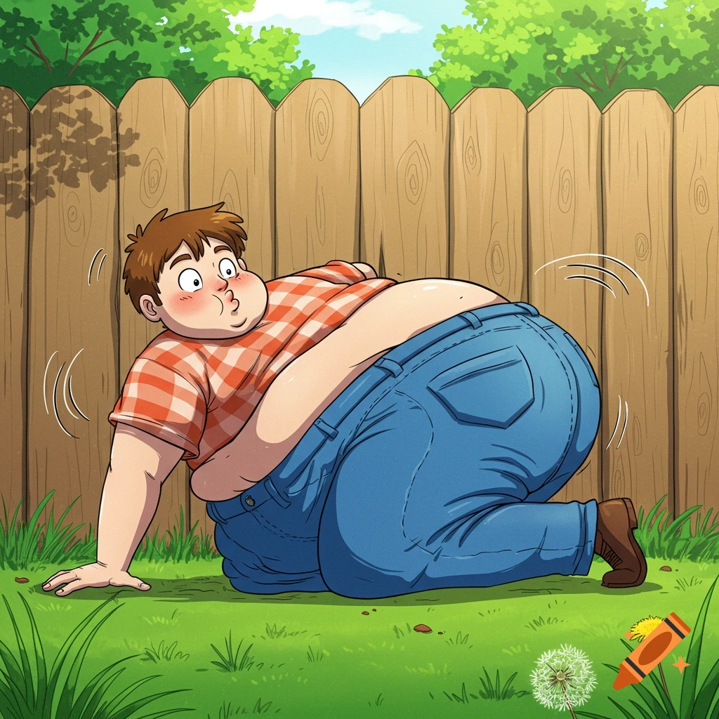 A cartoon boy with a large belly and rear, wearing a plaid shirt and blue jeans, is stuck trying to crawl through a backyard wooden fence.