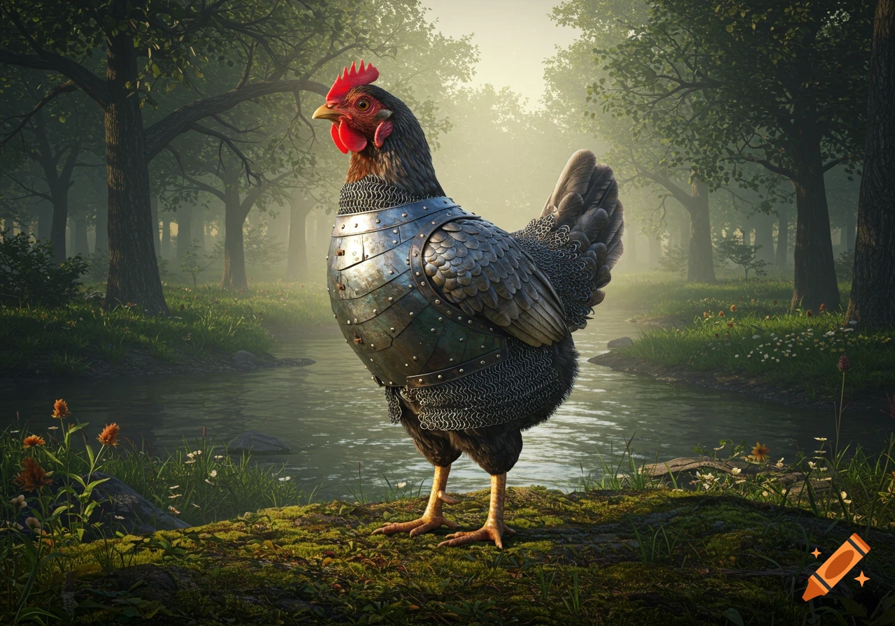 A photorealistic chicken in plate mail armor stands on mossy ground beside a stream in a misty forest.