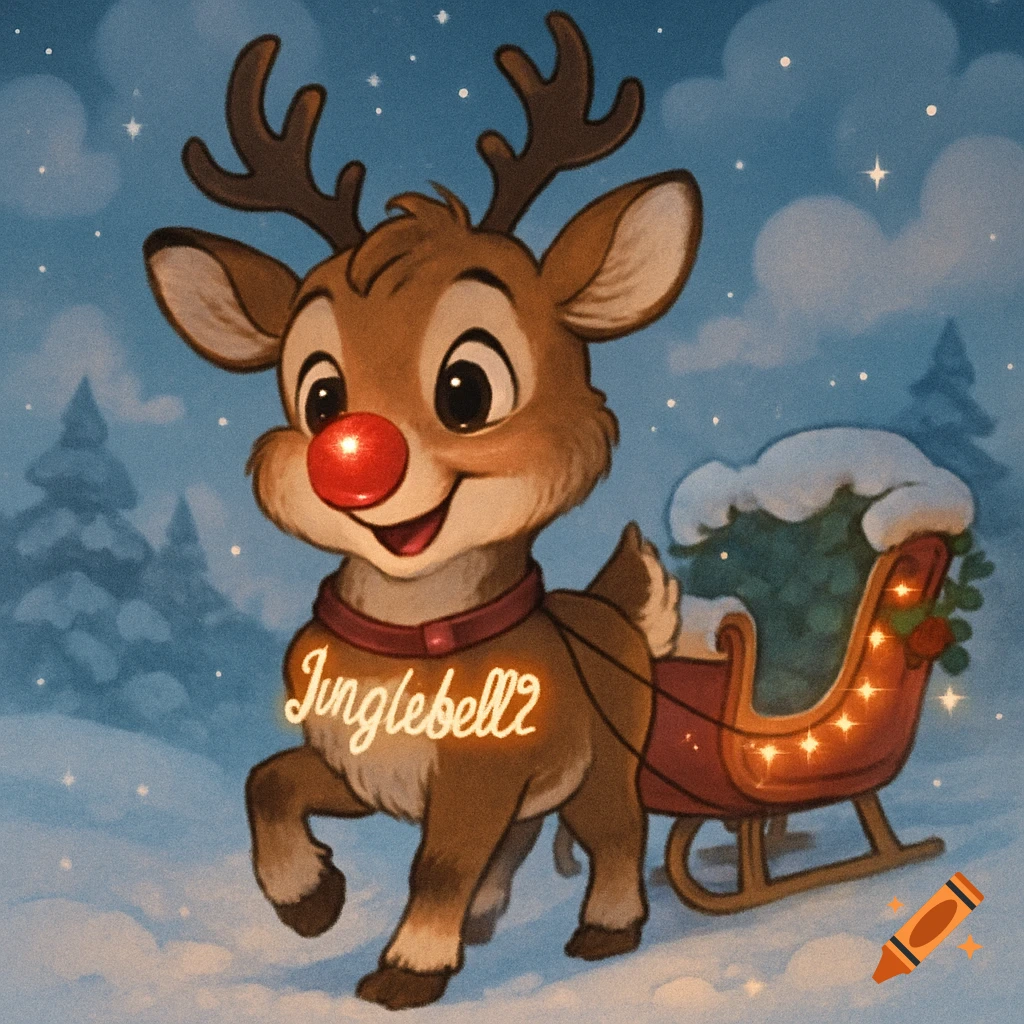 Cute cartoon reindeer with a red nose and 'Junglebell2' on its collar pulls a sleigh with a tree through a snowy night.