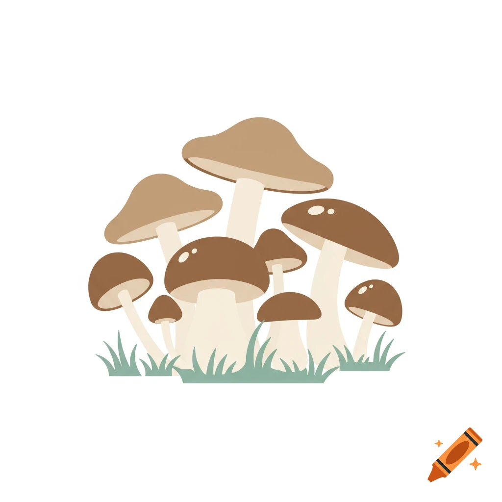 An illustration of a cluster of brown and cream mushrooms growing in light green grass on a white background.