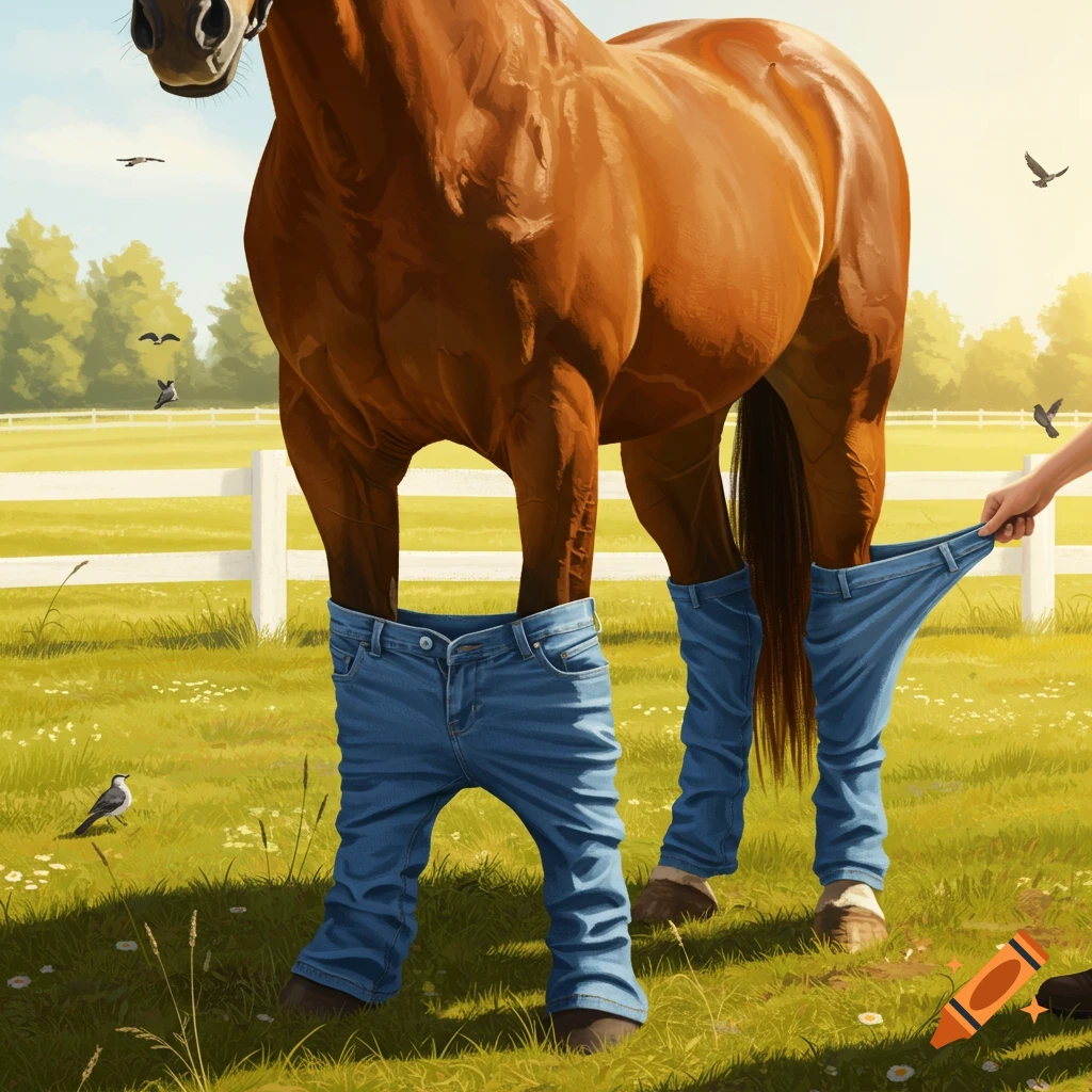 A brown horse stands in a grassy field with its front legs in blue jeans, while a person pulls up jeans on one of its back legs.