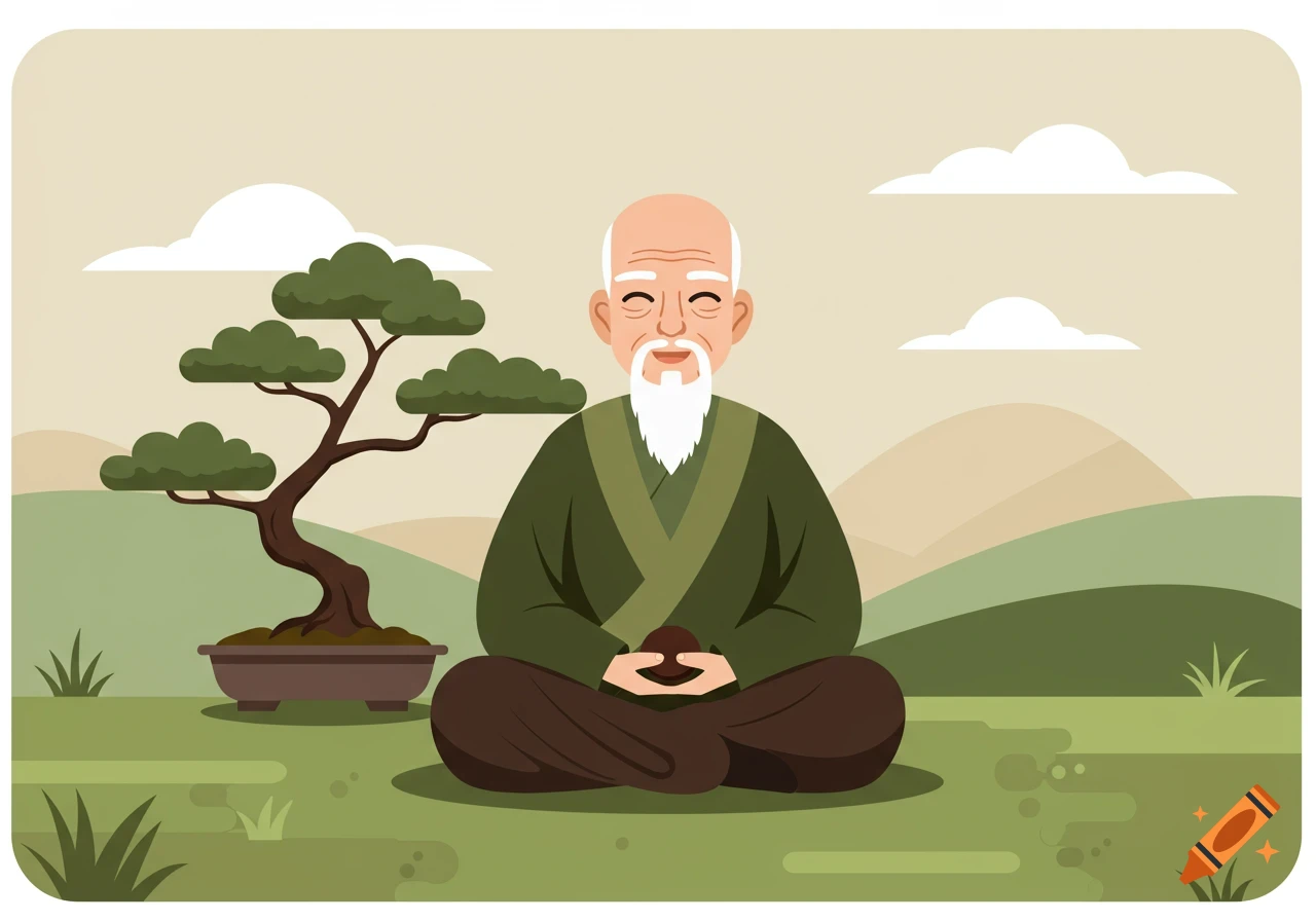 A stylized illustration of a bald, white-bearded sage meditating cross-legged in a green landscape with a bonsai tree and mountains.