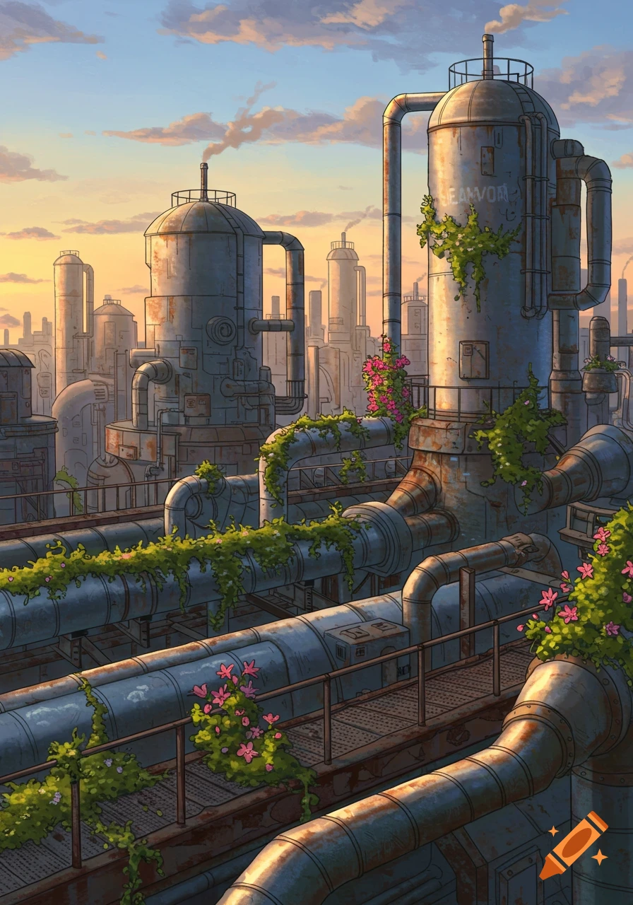 An illustration of an industrial city at sunset, with large metal pipes, tanks, and buildings heavily overgrown with green vines and pink flowers.