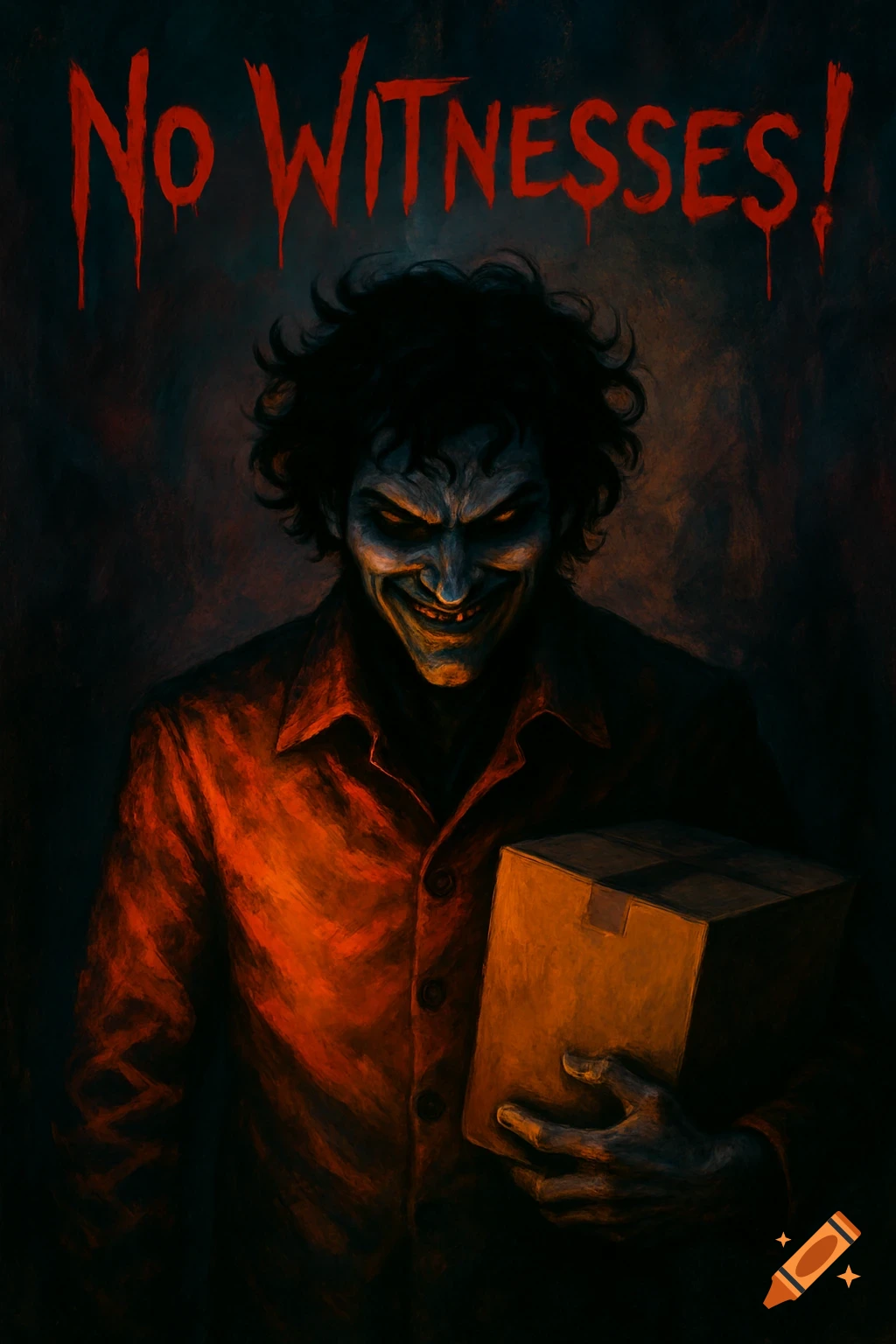 A sinister man with glowing eyes and sharp teeth, wearing a red shirt, holds a box in a dark horror scene with 'No Witnesses!' in dripping red text above.