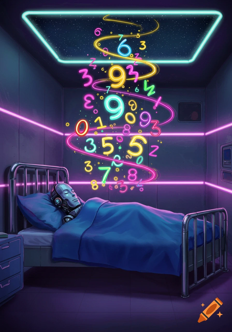 A futuristic robot sleeps in a neon-lit room, dreaming of colorful, swirling numbers and letters.