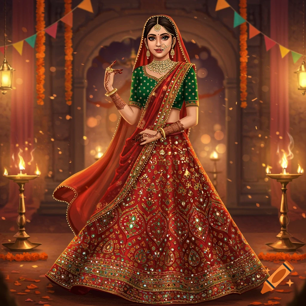 Digital illustration of a woman in a red and green lehenga choli with traditional jewelry and mehndi, surrounded by festive lamps and decorations.