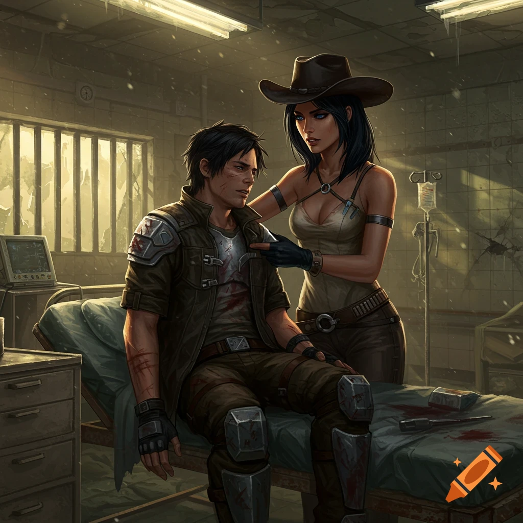 A woman in a cowboy hat tends to a wounded man on a gurney in a dilapidated post-apocalyptic hospital. Fantasy art style.