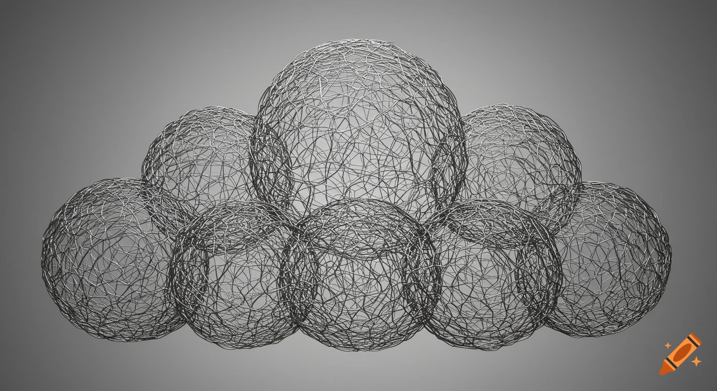 A group of interconnected wireframe spheres rendered in 3D against a gray background.