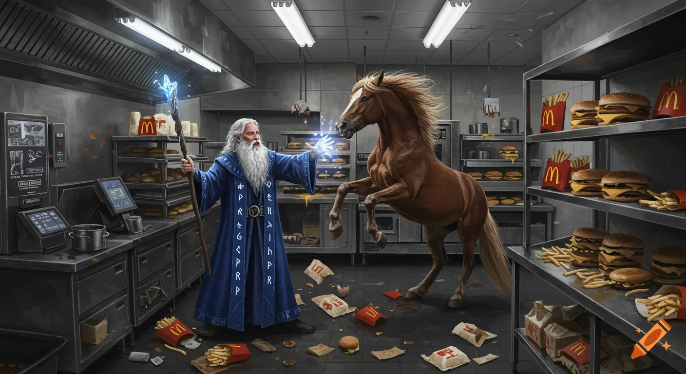 A wizard with a glowing staff and a rearing horse fight in a messy McDonald's kitchen filled with burgers and fries, captured in a CCTV-style shot.