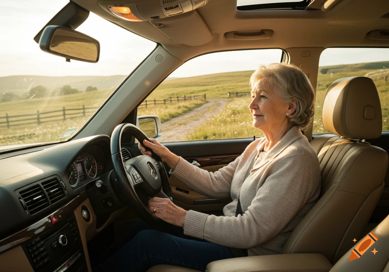 An elderly woman drives a Mercedes car on a sunny, unpaved road through a field.