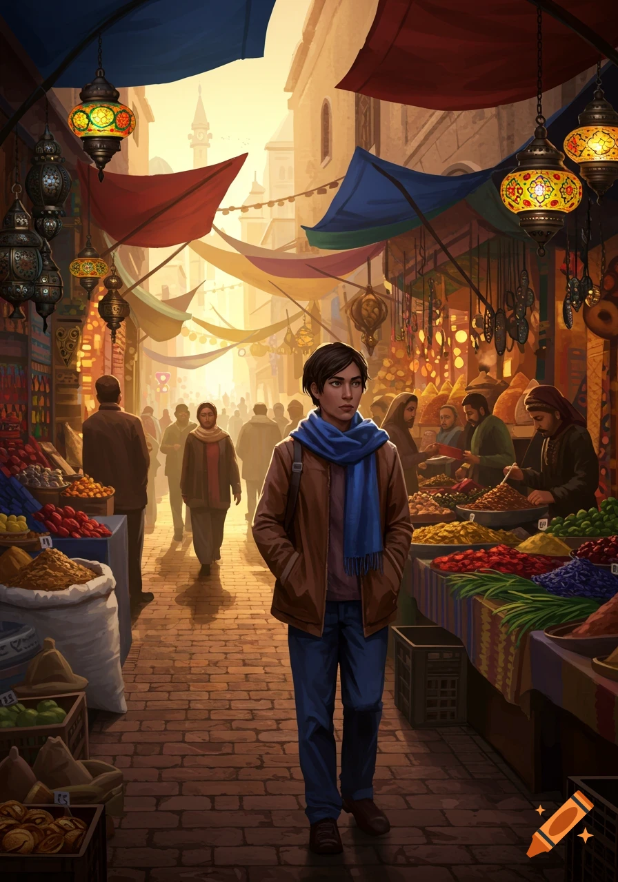 A young person with a blue scarf walks through a bustling, sunlit Middle Eastern marketplace filled with colorful stalls and people.