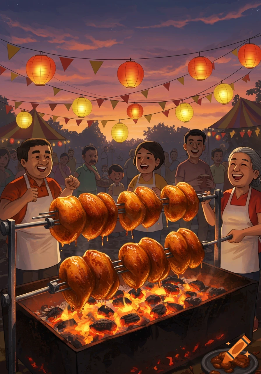 Happy people roasting chickens on a rotisserie at an outdoor festival with lanterns under a colorful sunset sky, illustration style.