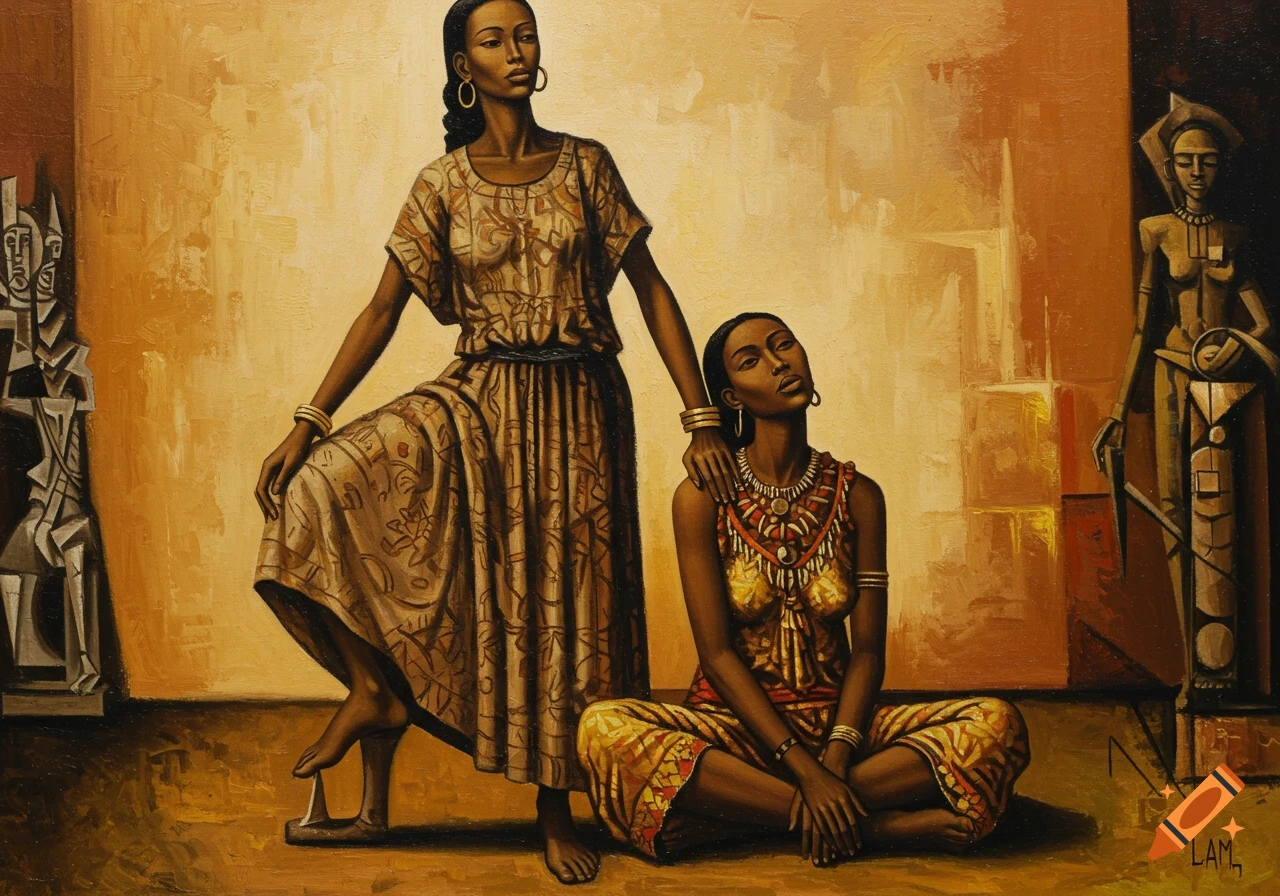 Wifredo Lam style painting of two stylized women with ornate dresses and jewelry, one standing, one sitting.